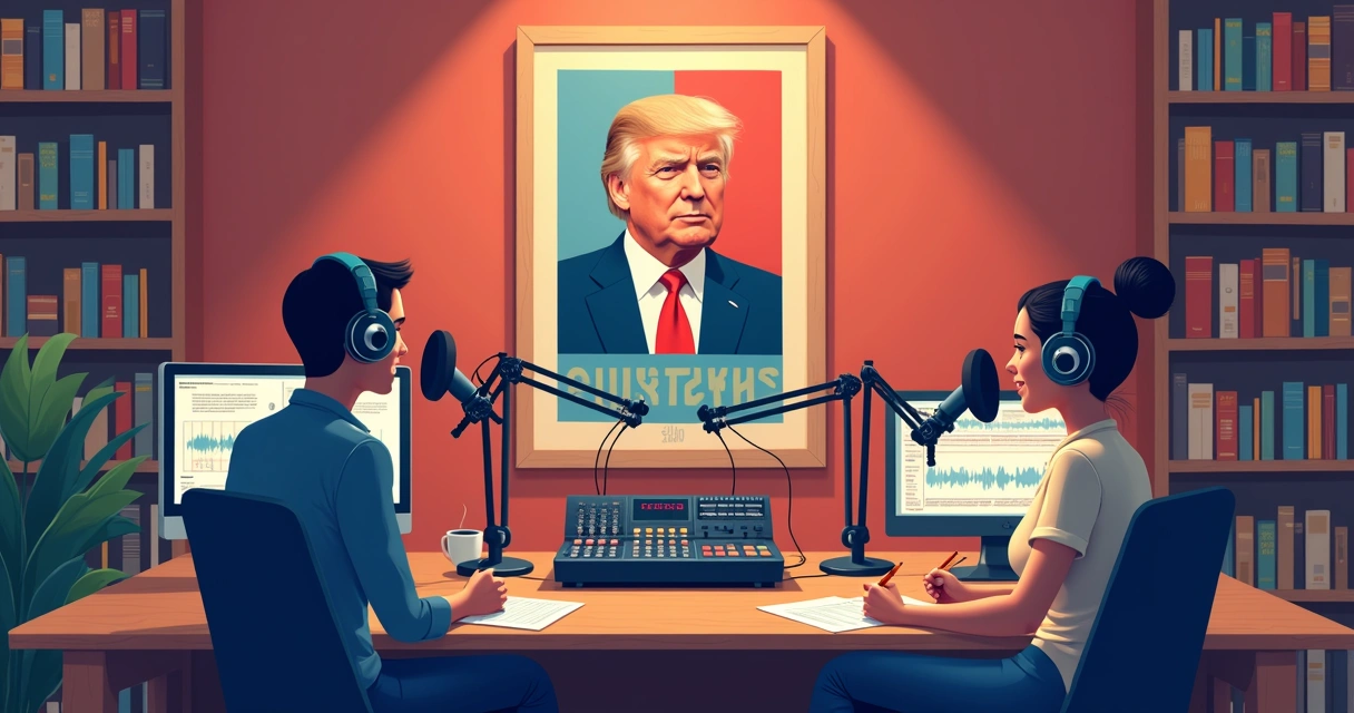Estúdio de podcast com microfones, mesa de som e banner político ao fundo. 