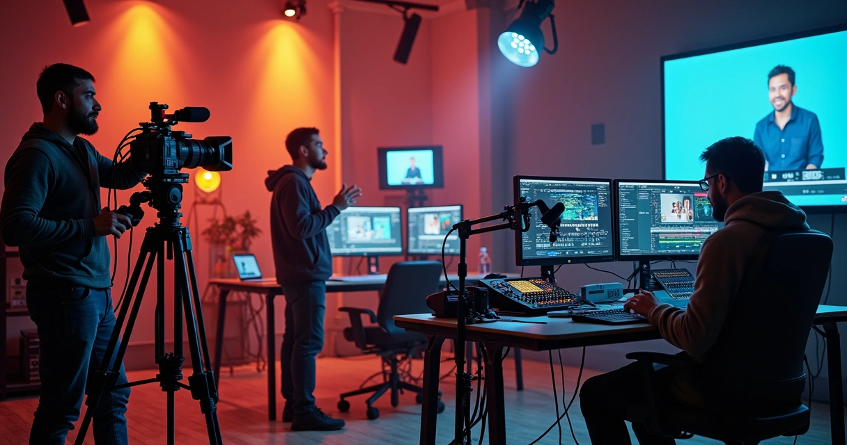Estúdio moderno para produção audiovisual com equipe trabalhando em equipamentos de câmera, microfones e computadores 