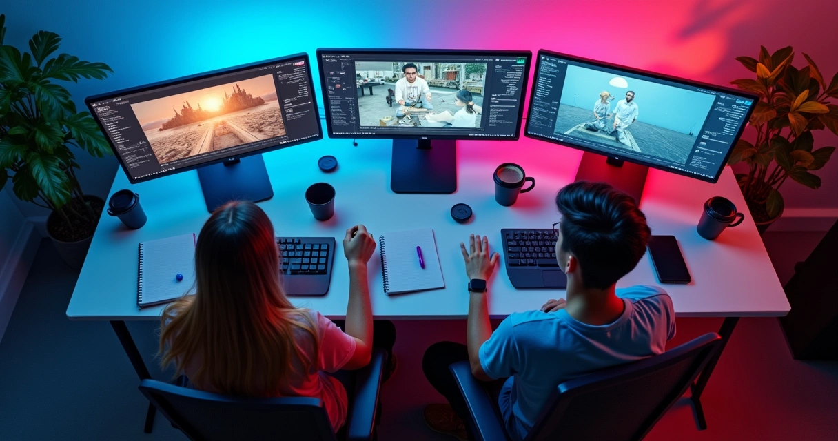 Mesa de estúdio com computadores e criadores editando vídeos 