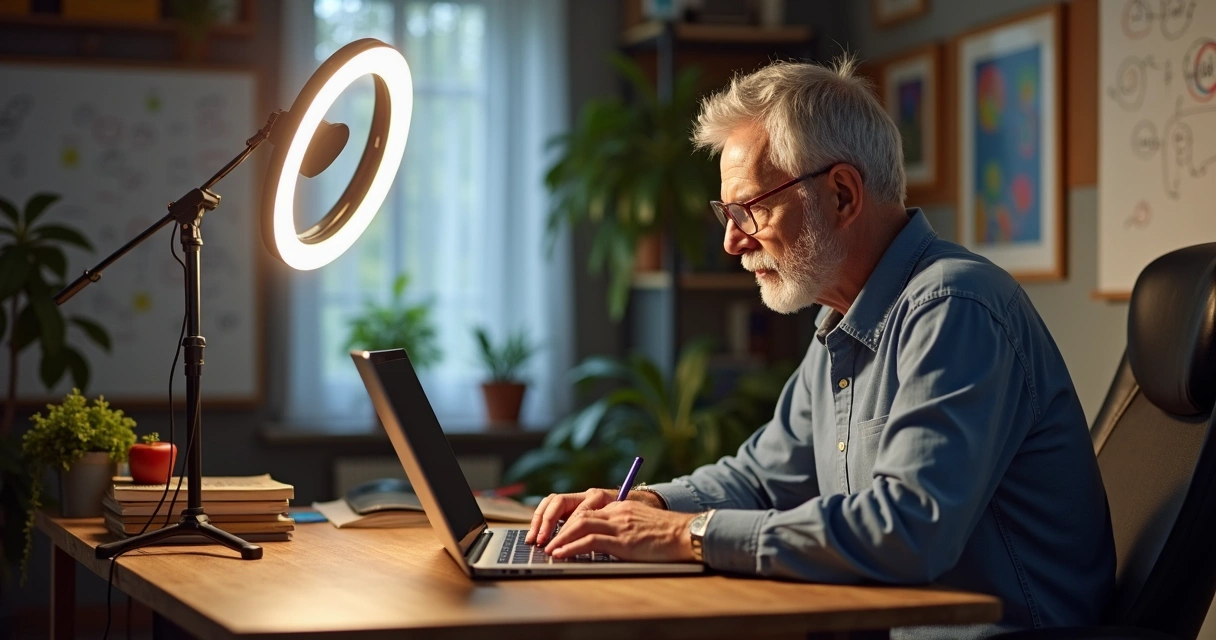 Homem de cabelos grisalhos gravando curso online em estúdio caseiro 