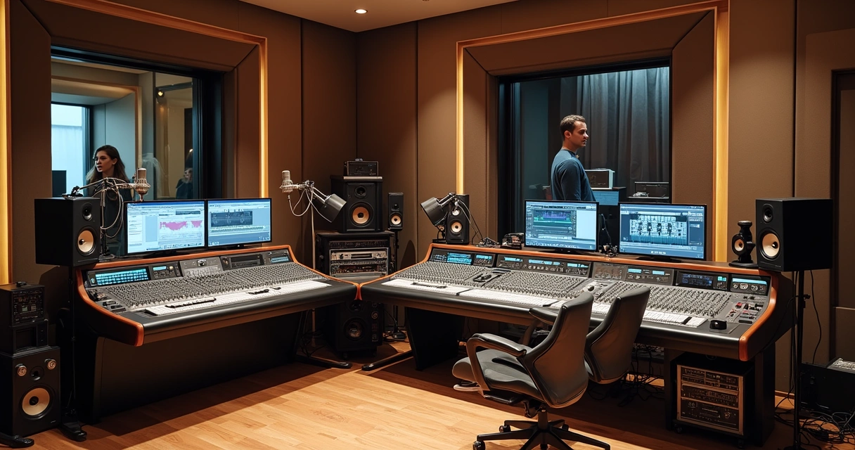 Sala de controle de estúdio de gravação profissional com equipamentos modernos 