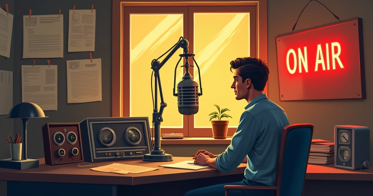 Estúdio de rádio antigo com locutor e microfone clássico