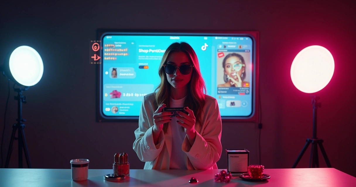 Influenciador demonstrando produto em live no TikTok Shop, com painel mostrando vendas em tempo real 