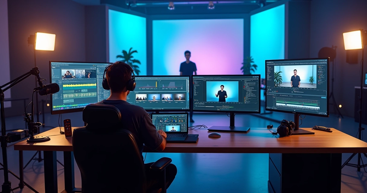 Setup profissional de live com apresentador em estúdio e múltiplos monitores de controle de transmissão 