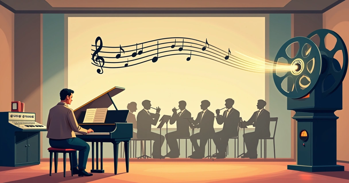 Compositor em estúdio retrô criando trilha sonora com película de filme 
