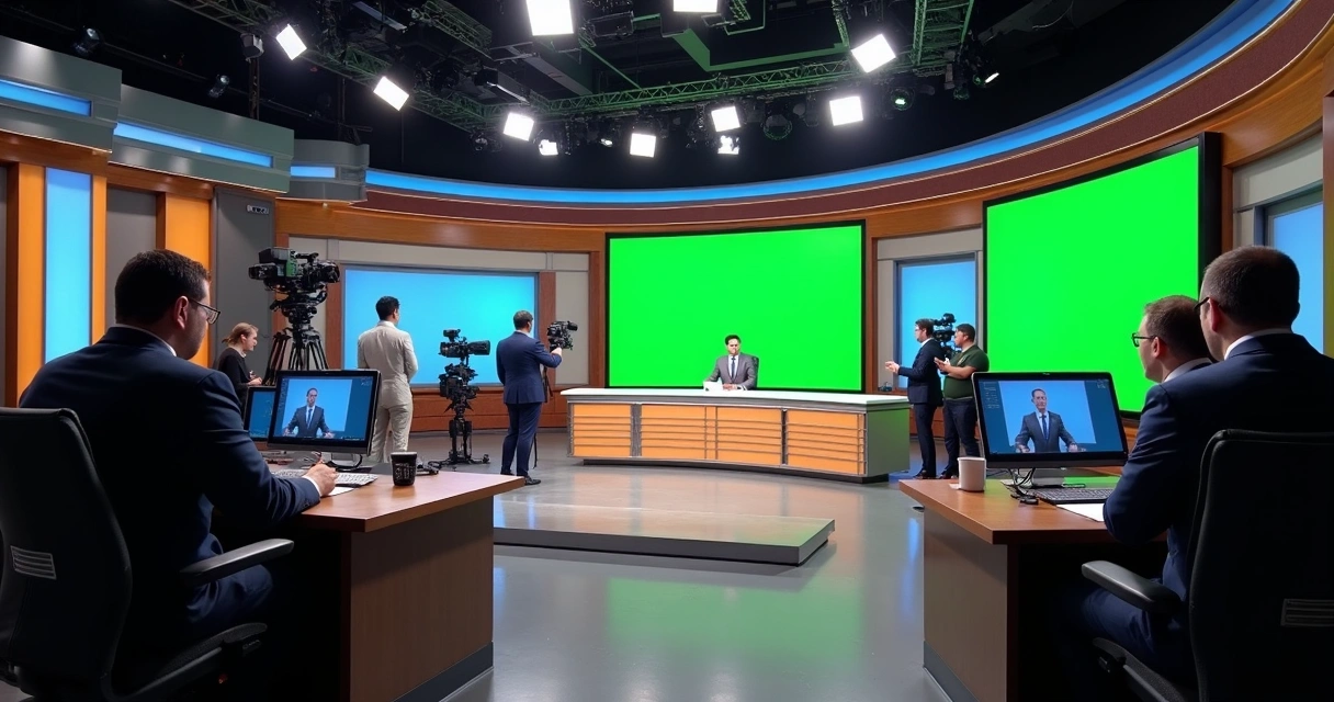 Estúdio de gravação de canal americano com apresentador e equipe técnica 