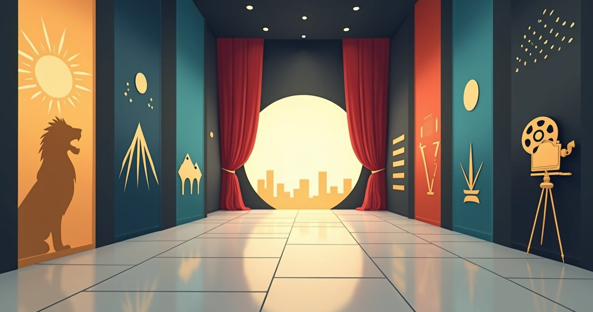 Painéis coloridos representando diferentes estúdios clássicos de cinema lado a lado 