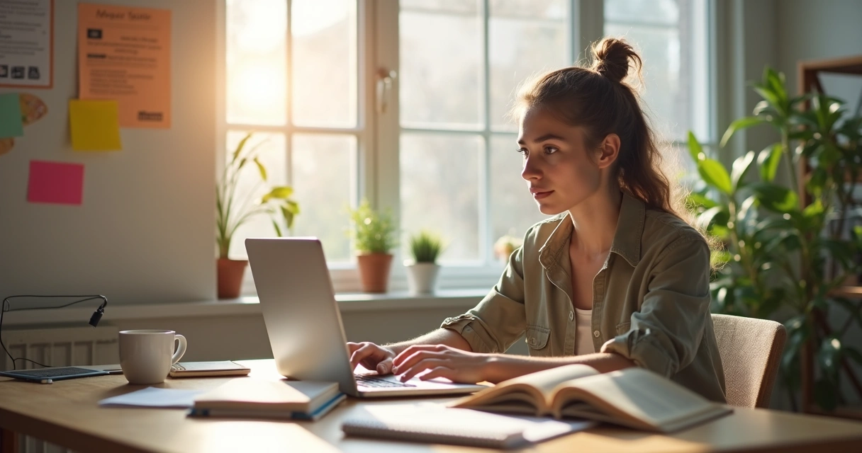 Pessoa estudando em casa com computador, livros e anotações 