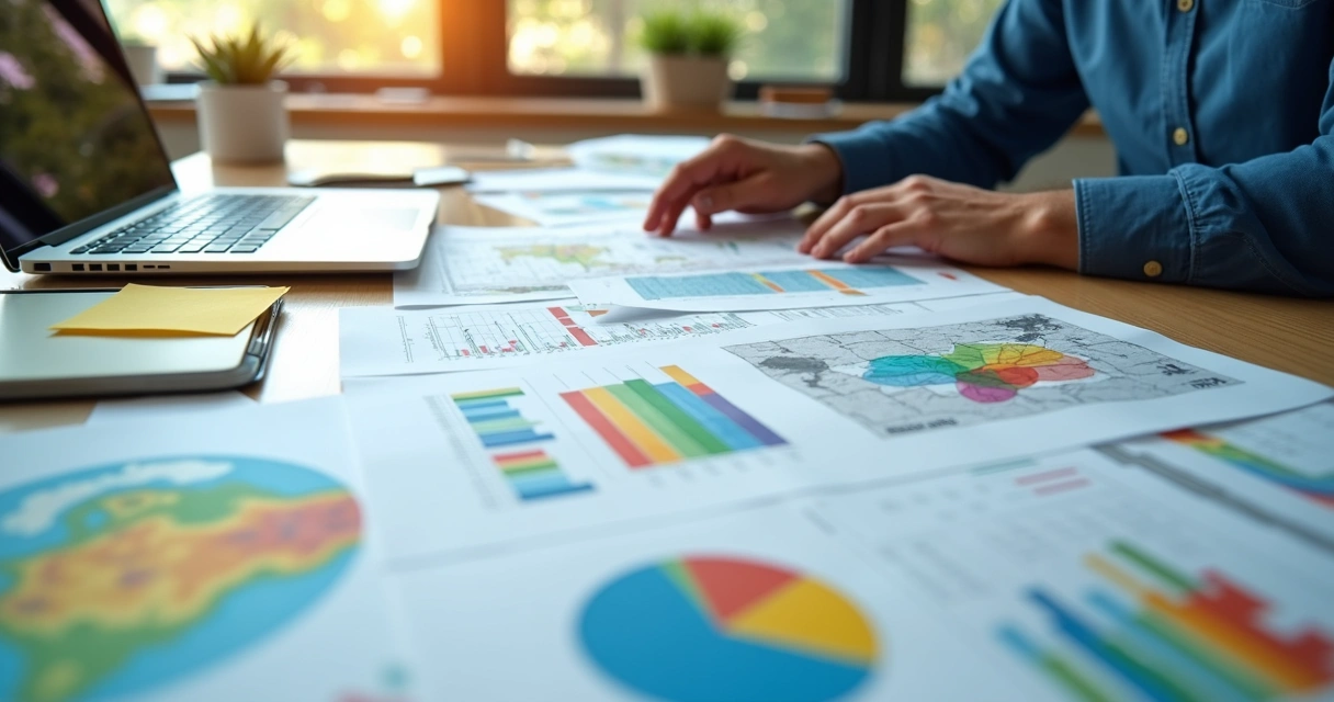 Mesa com documentos ambientais impressos, mapas coloridos e laptop aberto mostrando gráficos 