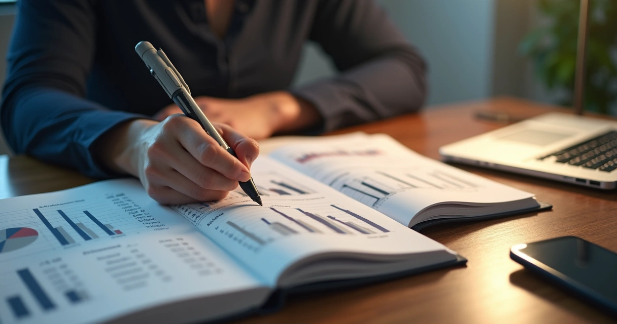 Pessoa estudando livros e planilhas de análise financeira 