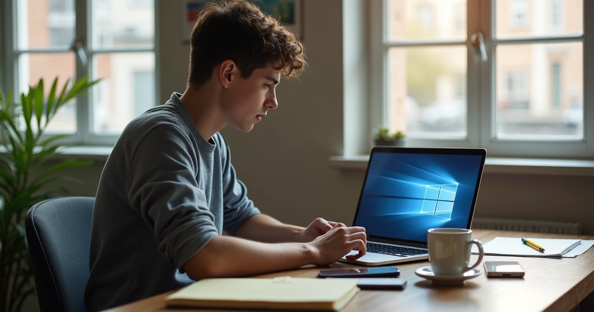 Pessoa estudando em laptop com aplicativo digital aberto e anotações ao lado 
