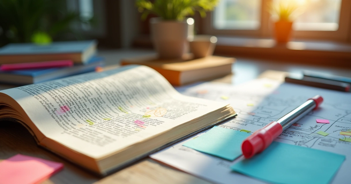 Livro aberto com resumos coloridos e mapas mentais ao lado 