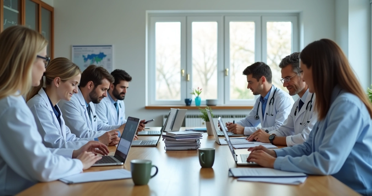 Profissionais estudando artigos científicos veterinários online em mesa de reunião 