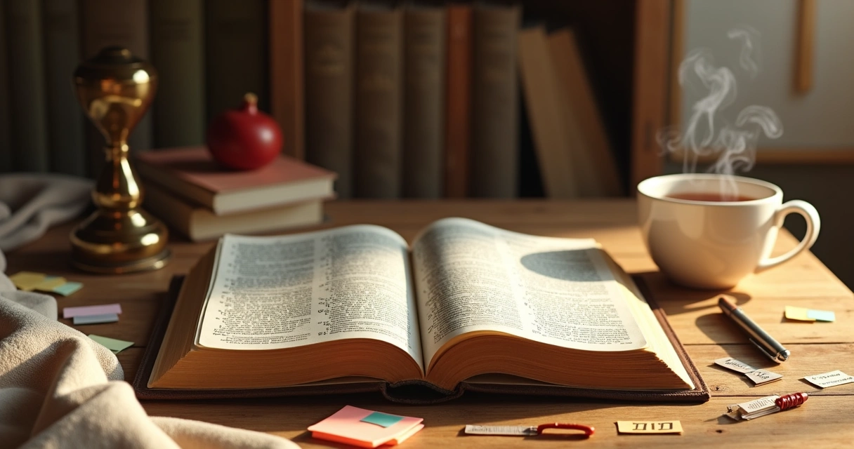 Mesa de madeira com Bíblia aberta e anotações sobre livros do Antigo Testamento 