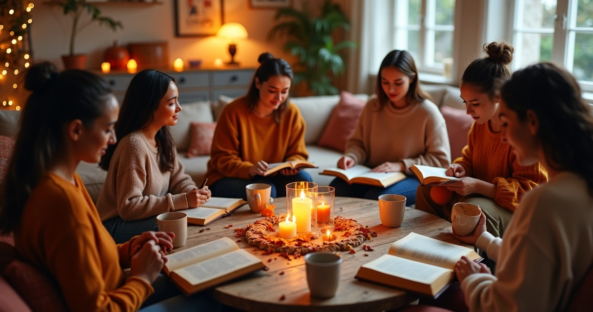 Mulheres reunidas em círculo lendo bíblias e diários de estudo