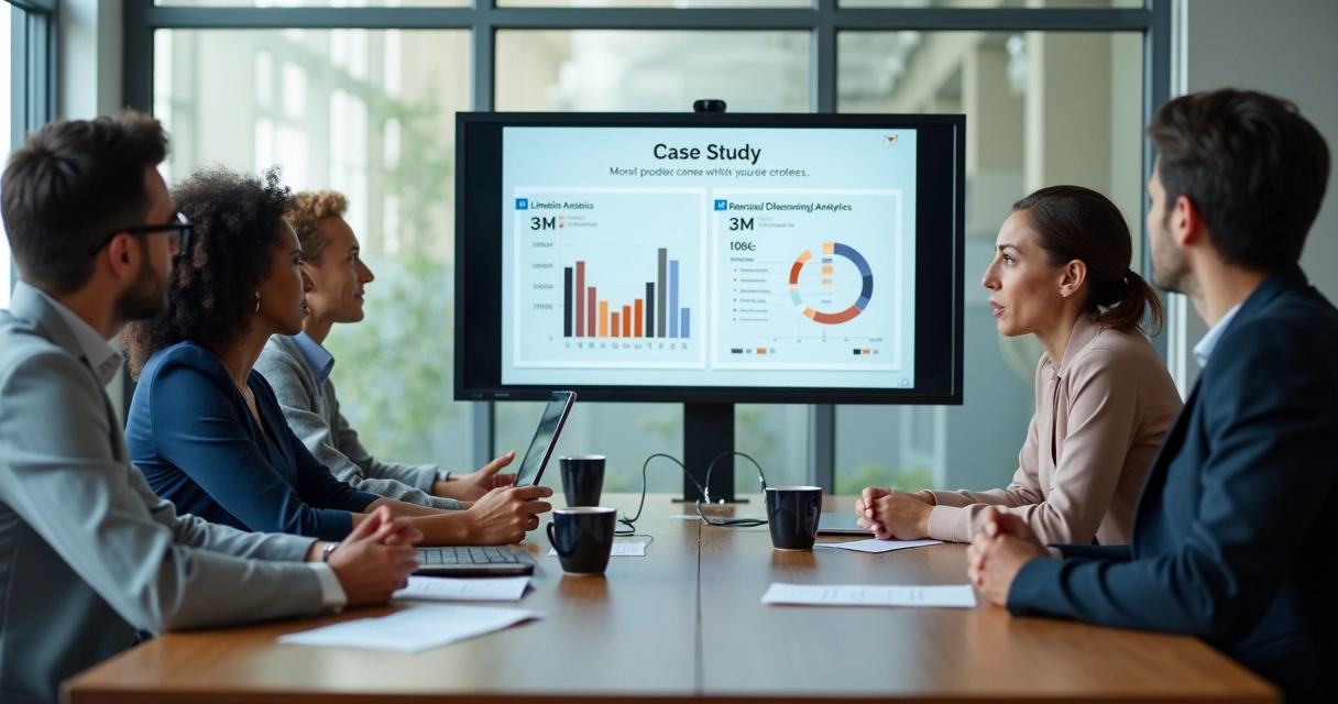 Apresentação de estudo de caso em tela, equipe analisando resultados 