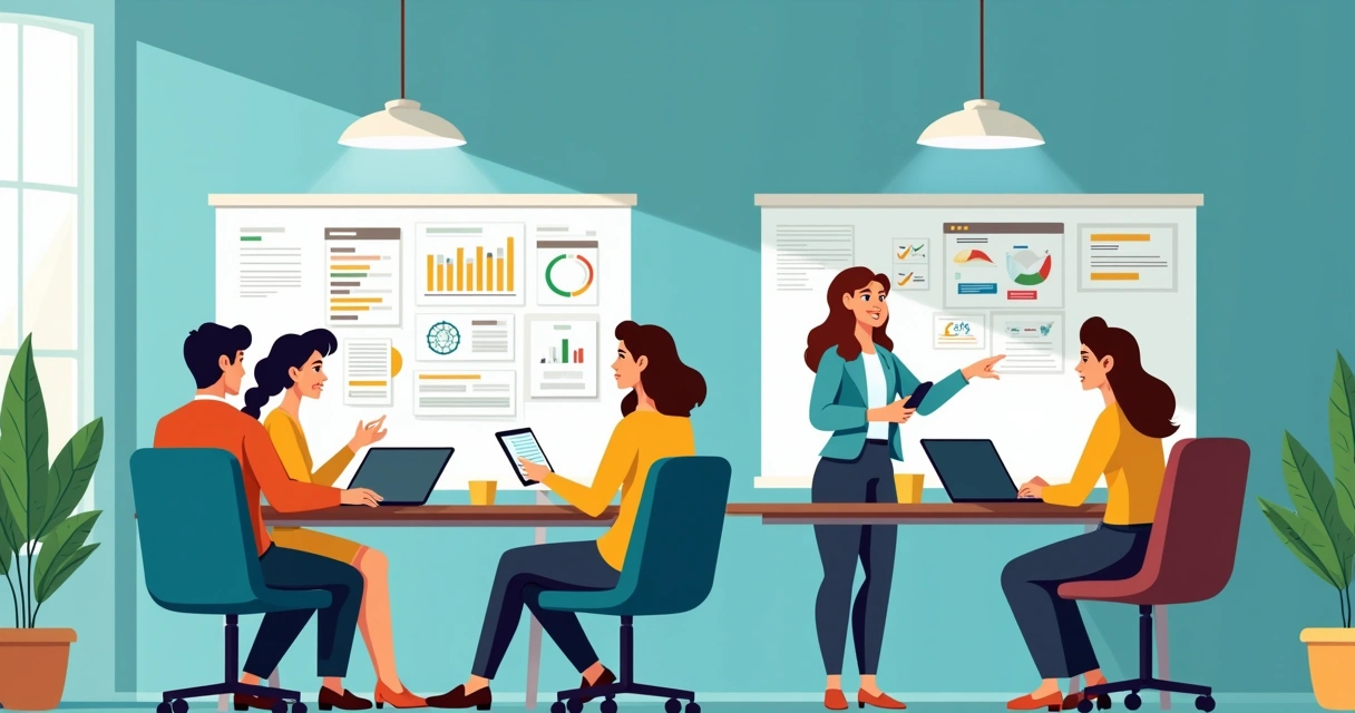 Equipe diversificada em um escritório moderno discutindo sobre software de gestão, destacando produtividade e frustração.