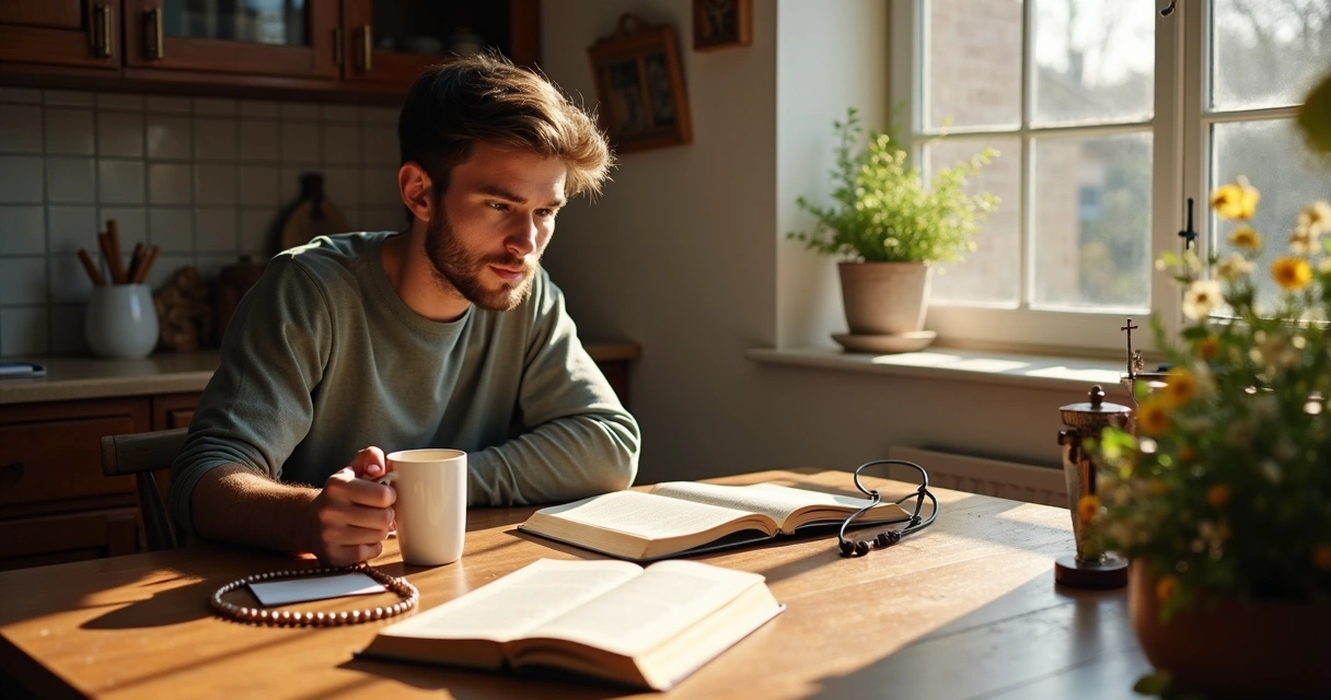 Homem lendo catecismo em casa com anotações 