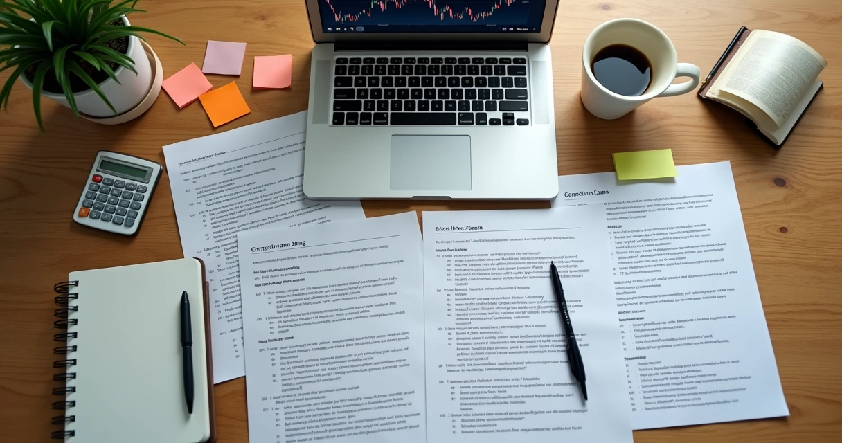 Mesa de estudo com apostilas de finanças e simulados para certificação 