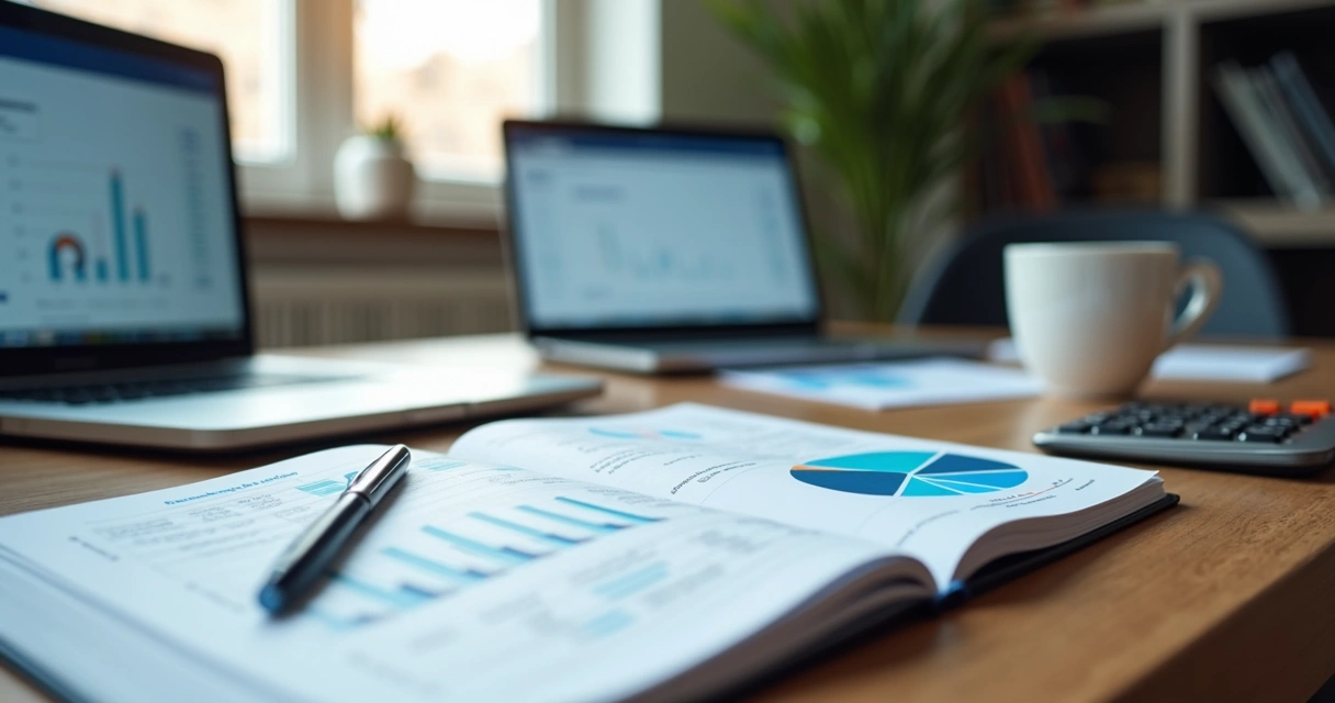Mesa de estudo com notebook, caderno e simulados de finanças