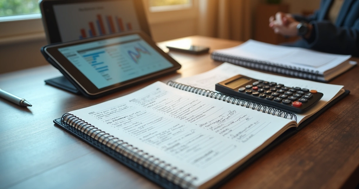 Mesa de estudo com material de certificação financeira 