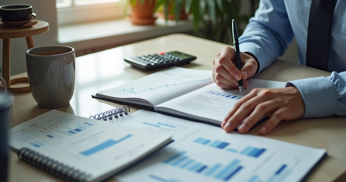 Pessoa estudando para prova de finanças com notebook e apostilas 