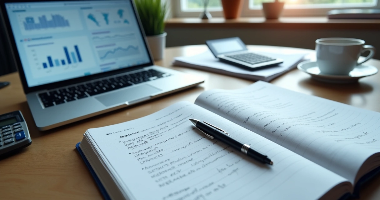 Pessoa estudando para certificação financeira com notebook e apostilas 