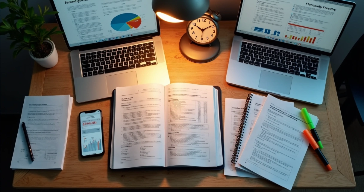Mesa de estudo com material para certificação financeira 