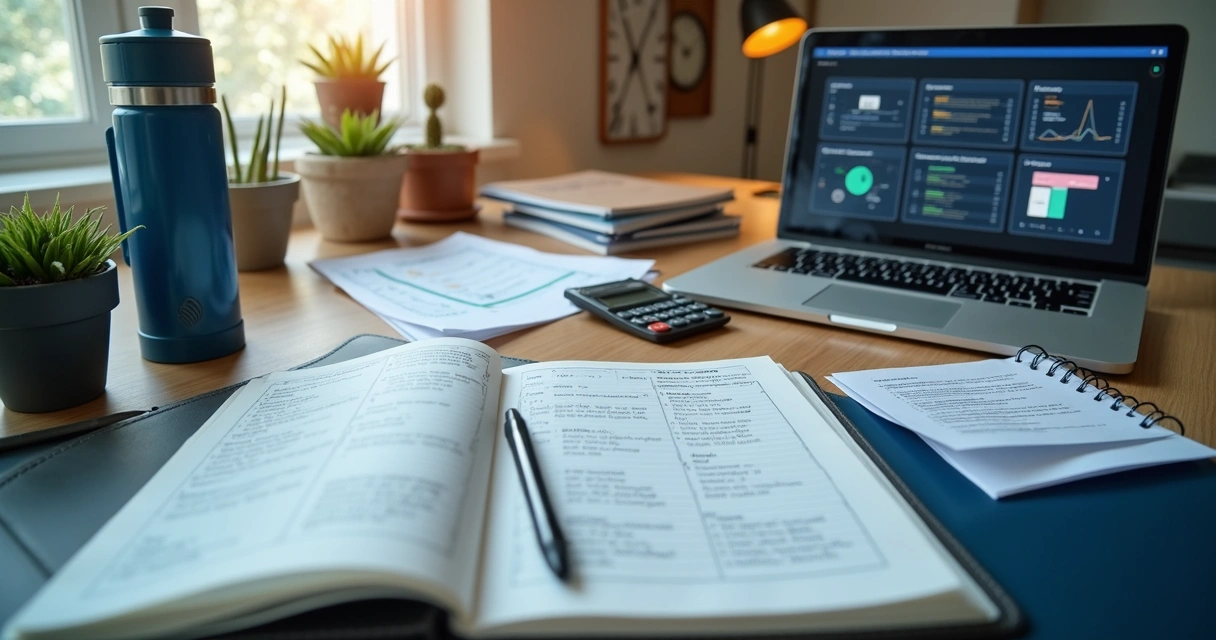 Pessoa estudando certificação financeira com apostilas e notebook 