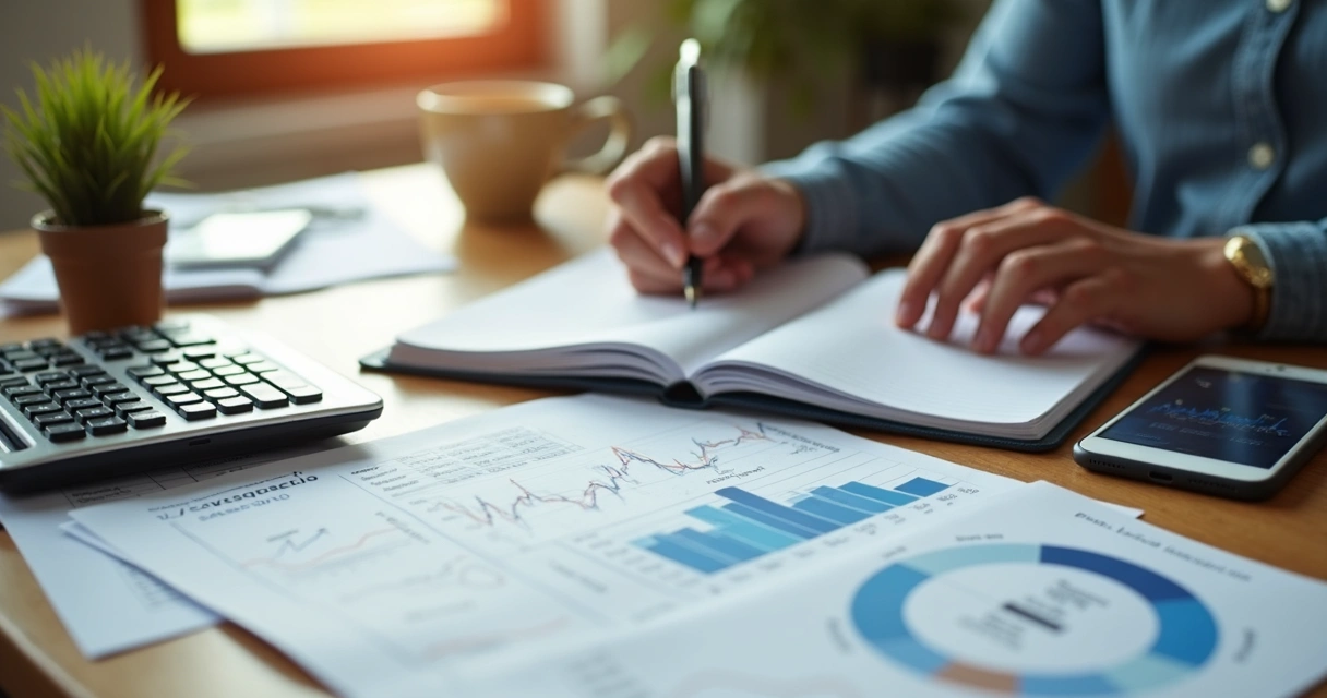 Pessoa estudando certificação financeira com notebook e anotações 
