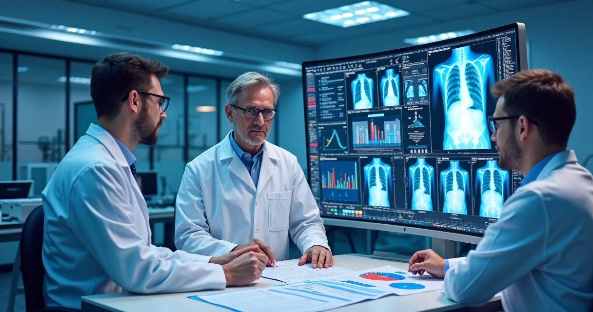 Pesquisadores analisando gráficos e laudos de câncer de pulmão