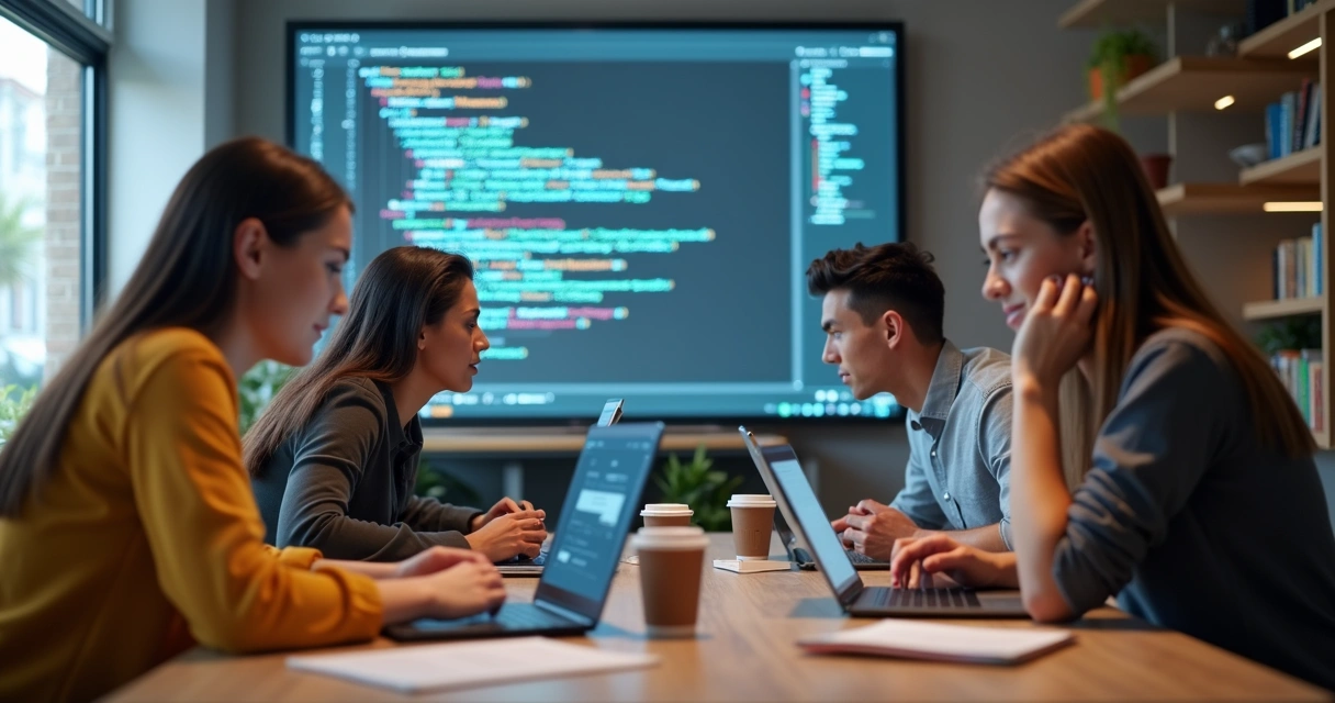 Jovens estudando CSS em ambiente colaborativo digital