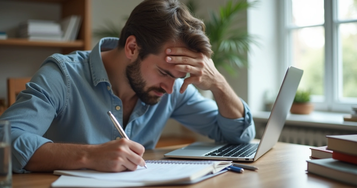 Pessoa estudando com caderno e expressão de tensão 