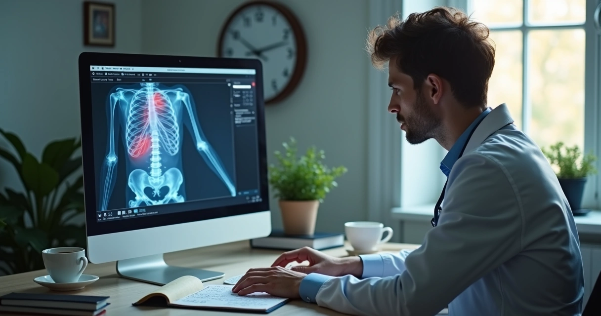 Estudante de Medicina resolvendo simulados no computador, concentrado na tela 