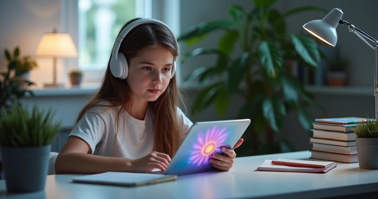 Jovem estudando com fones de ouvido e tablet na mesa 