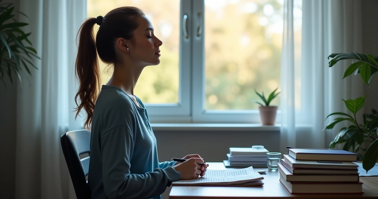 Mesa de estudo com pessoa fazendo pausa para respirar