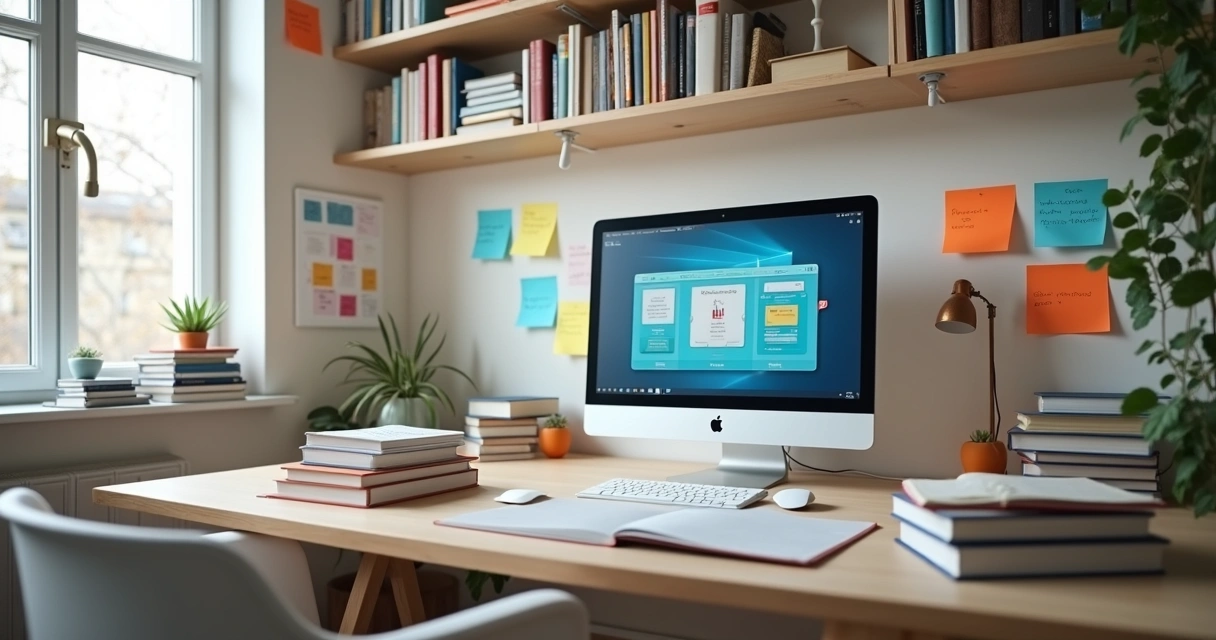 Sala de estudo organizada com livros, computador e quadros de revisão coloridos na parede 