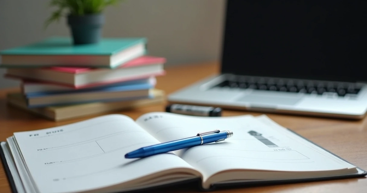 Material de estudo organizado para concurso em uma mesa, com cadernos e computador. 