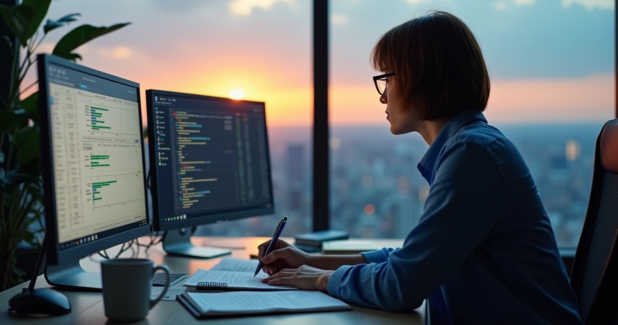 Contador estudando em mesa com notas fiscais e telas de computador abertas. 
