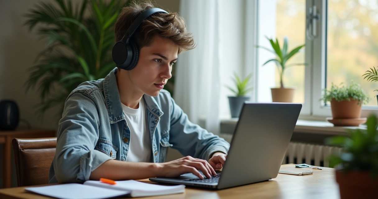 Pessoa estudando com laptop e anotações ao lado 