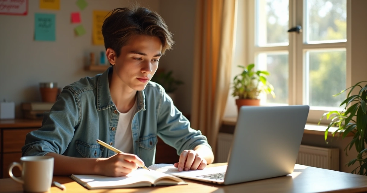 Jovem estudando com notebook e caderno em casa 