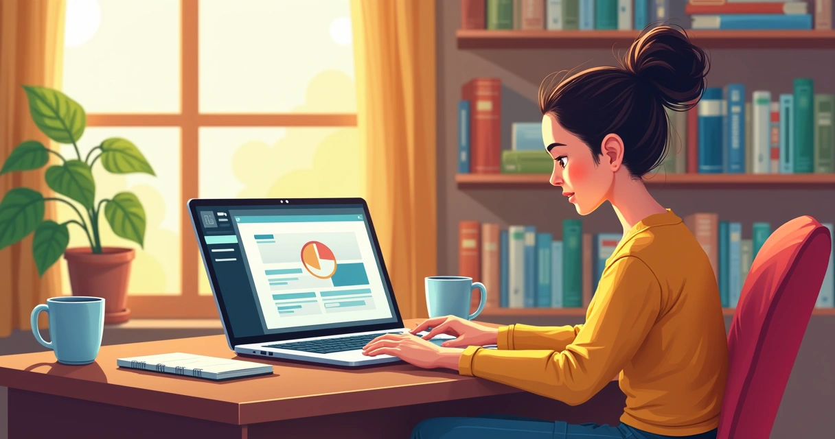 Home office with a laptop, educational books, and sunlight creating a welcoming study environment.