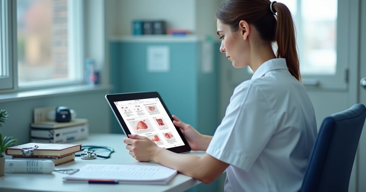 Enfermeiro estudando em tablet, ambiente claro com elementos hospitalares 