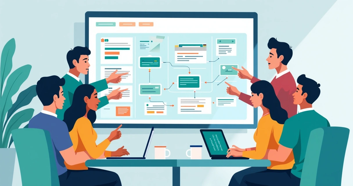Grupo de estudantes em reunião digital revisando telas de processos em um monitor 