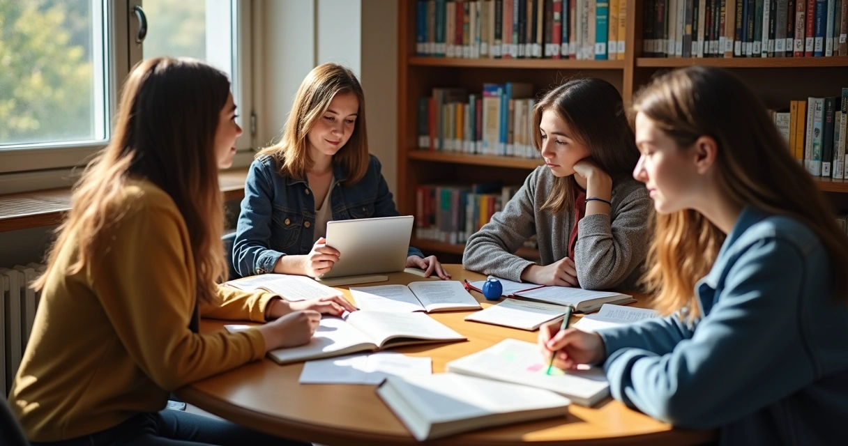 Grupo de estudantes revisando resumos de ciências humanas em sala de estudo 