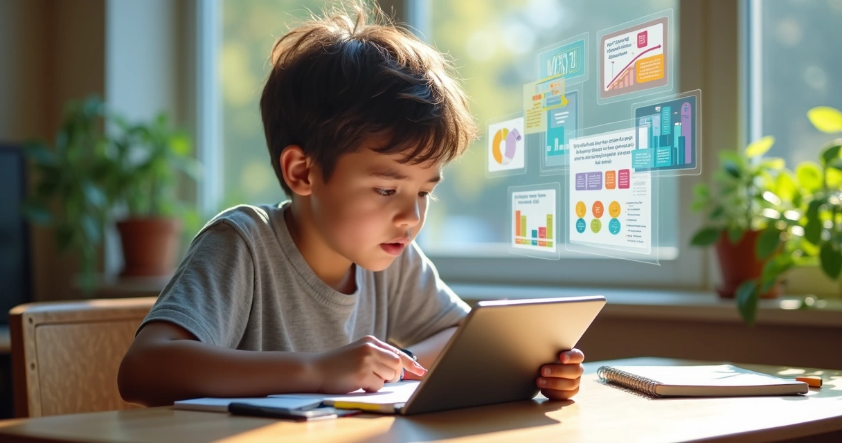 Jovem estudando com tablet, diversos recursos digitais e gráficos coloridos na tela