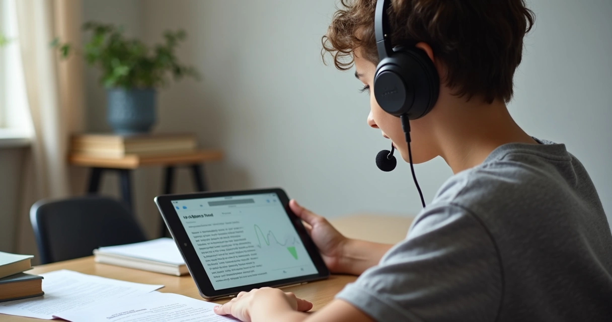 Jovem usando aplicativo de estudo de idiomas com microfone