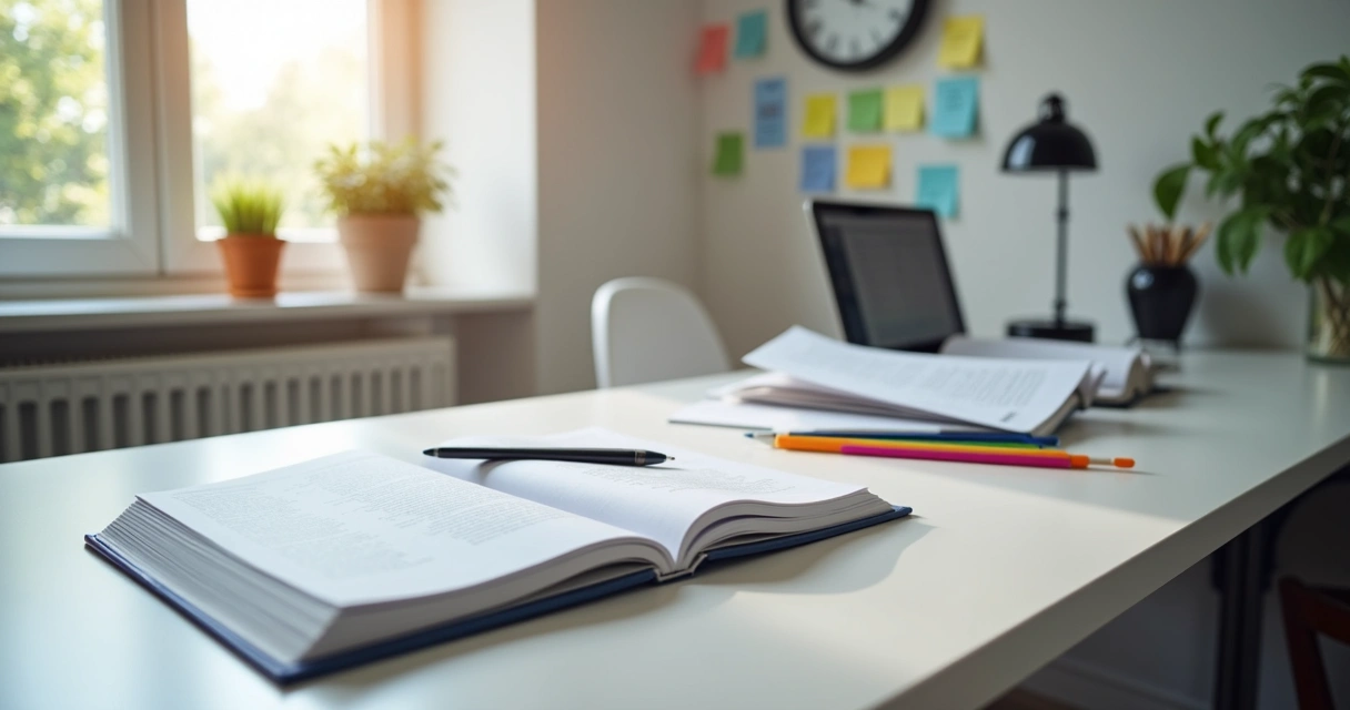 Mesa organizada com livros didáticos e caderno para estudos 