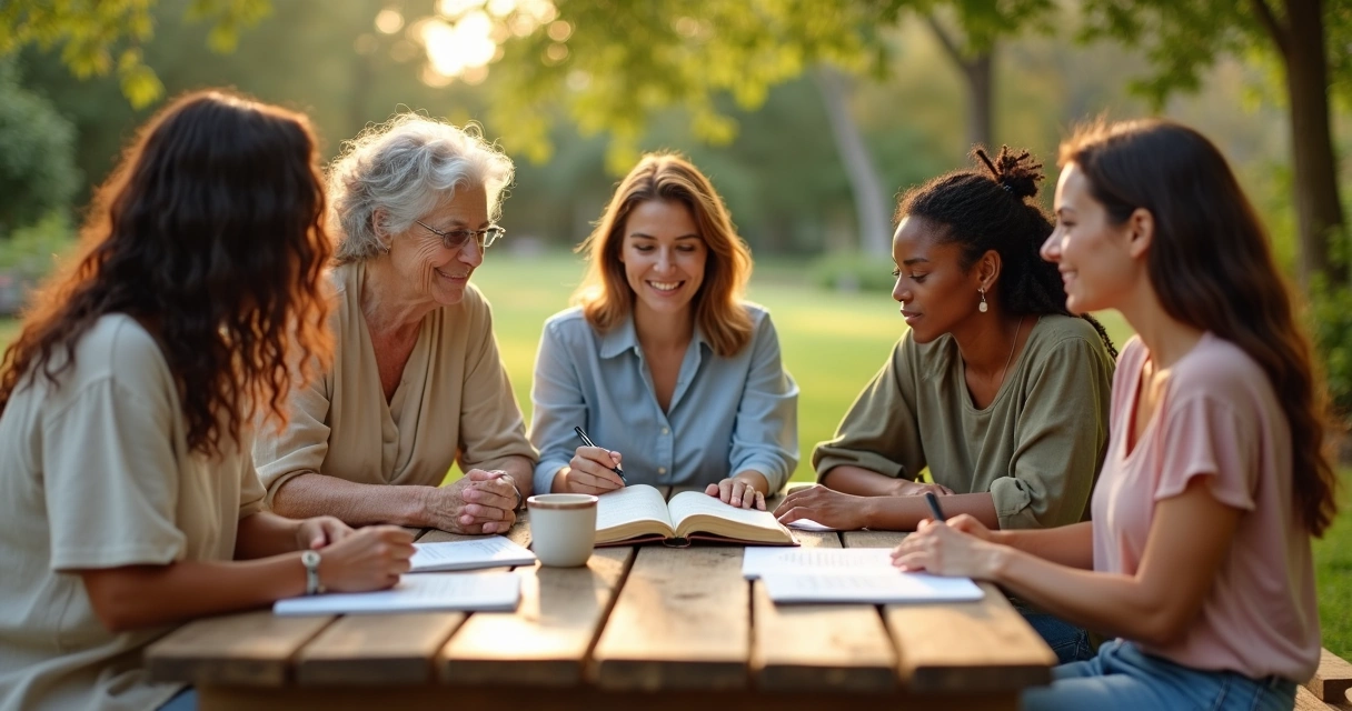 Grupo de mulheres de idades diferentes estudando histórias de mães da Bíblia ao ar livre 