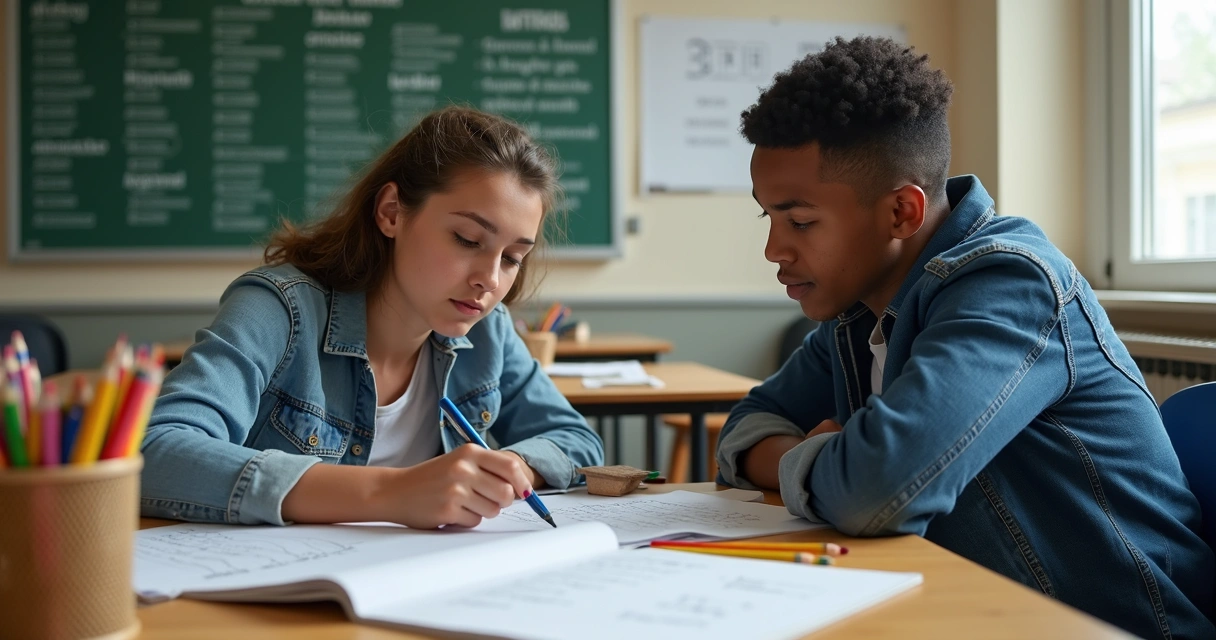 Mentor orientando estudante com lista de questões em mesa 